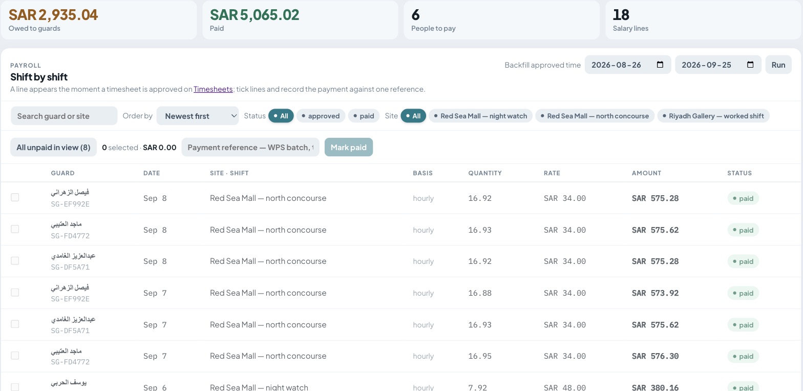 Payroll: approved shifts become salary lines, paid against one payment reference