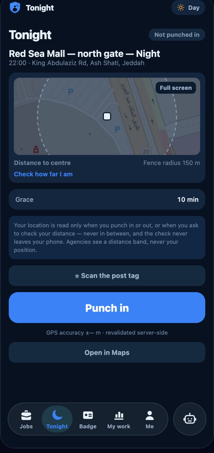 Punch-in screen: tonight's post on a map with its 150 m fence, grace time, QR/NFC post tag and the Punch in button