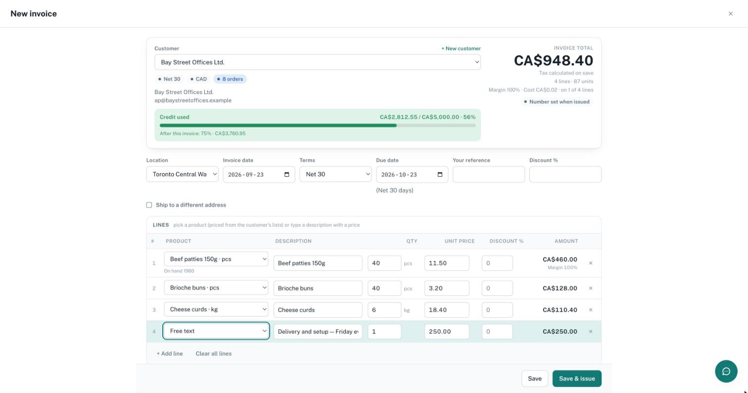 The invoice form with customer credit, priced lines and totals