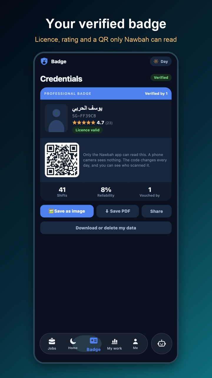 Verified digital badge with licence, rating and QR code