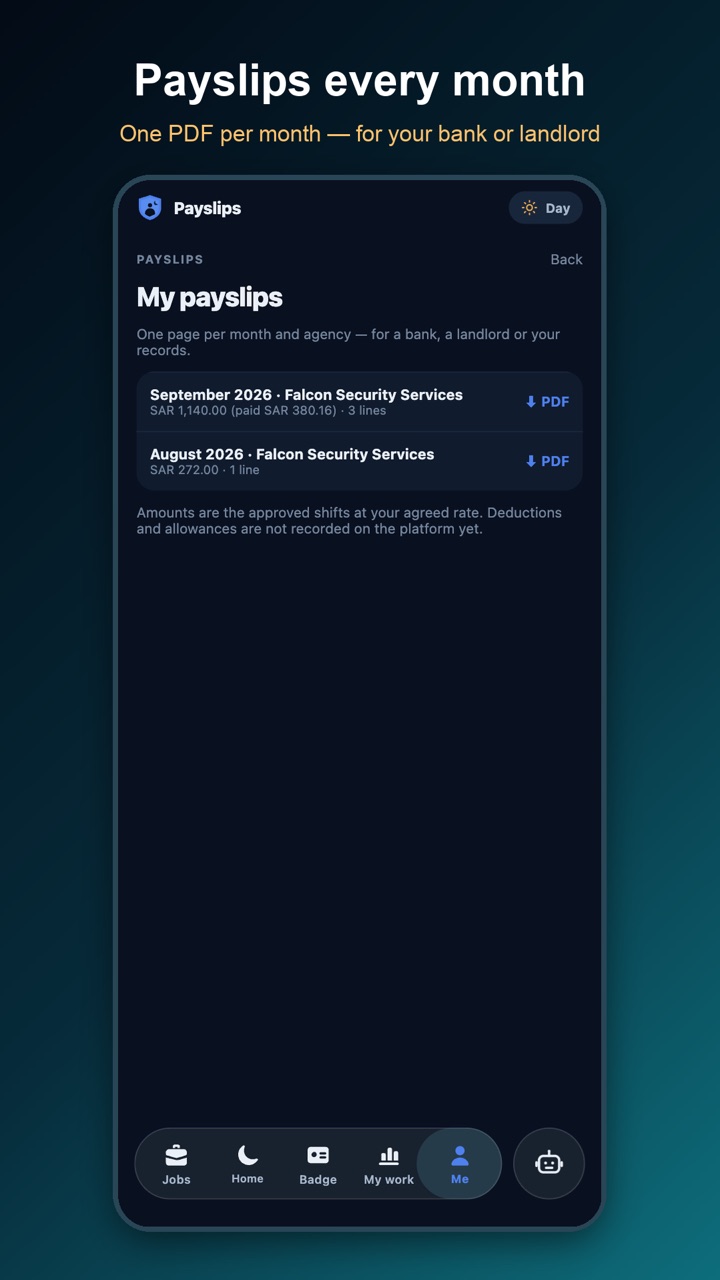Monthly payslips as PDF in the employee's app