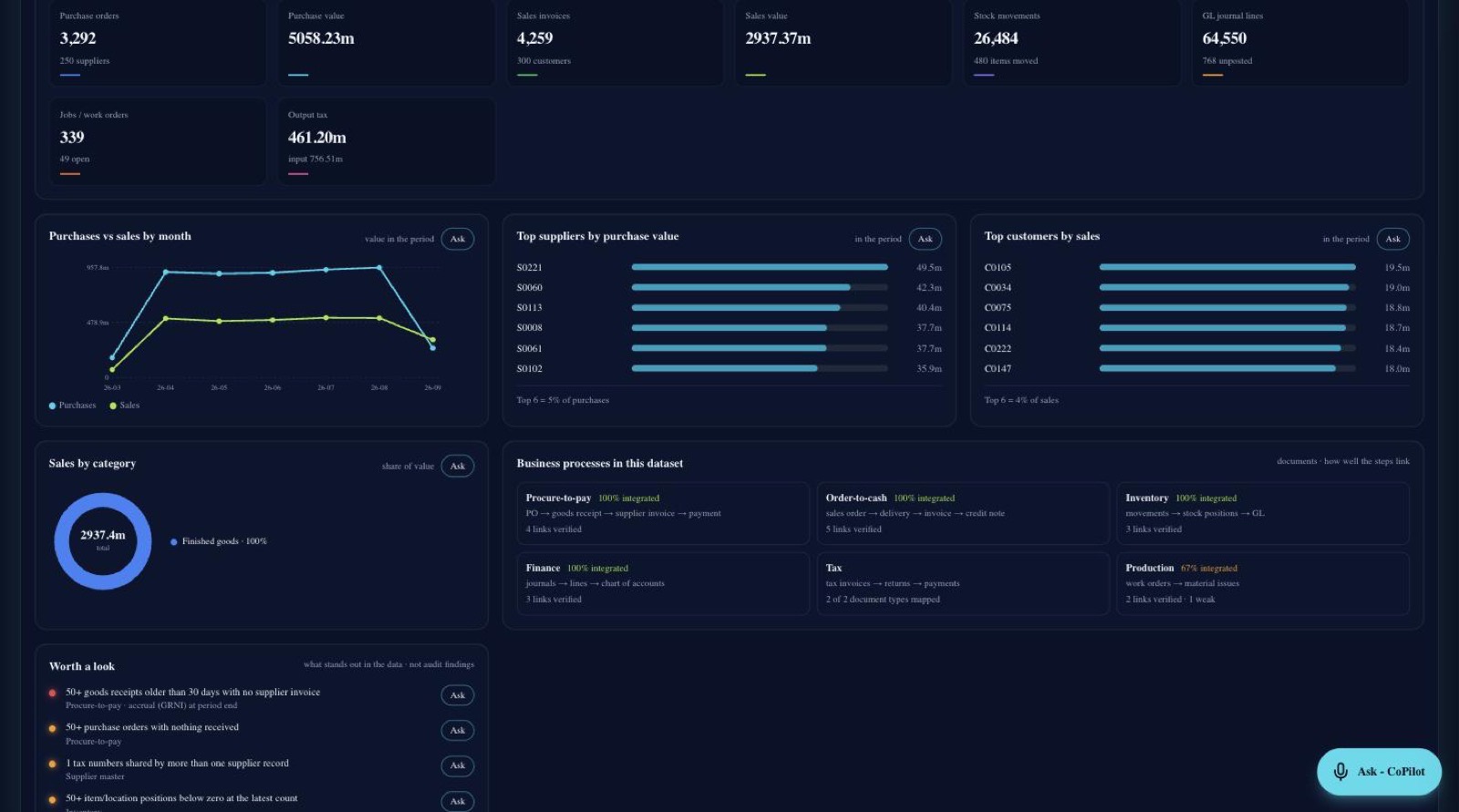 Vigilon CoPilot in the browser: dataset at a glance, purchases versus sales, top suppliers and customers